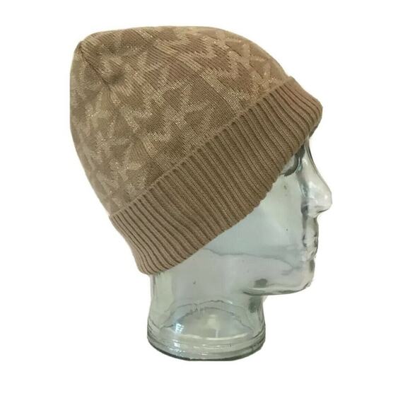 Michael Kors NEW Linear Monogram Logo Metalic Beanie Gold Winter One Size - Picture 3 of 8